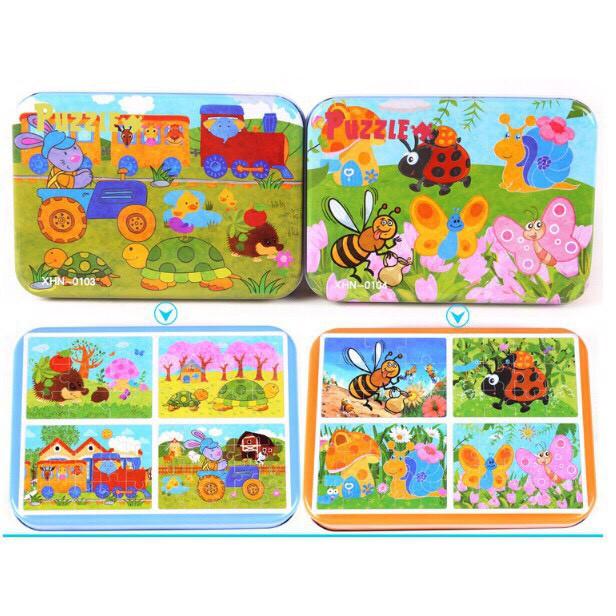 Đồ Chơi Hộp Ghép Hình Puzzle 4 Cấp Độ - Hộp Sắt 9-12-15-20 Miếng Cho Bé.
