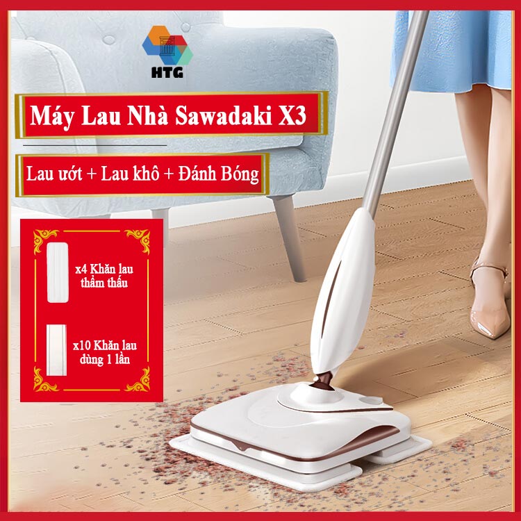 Máy lau nhà cầm tay không dây Sawadaki X3 công nghệ trợ lực rung lau tần số 900 lần/phút làm sạch sâu, điều khiển phun xịt nước sạch dung tích 150ml, hàng chính hãng