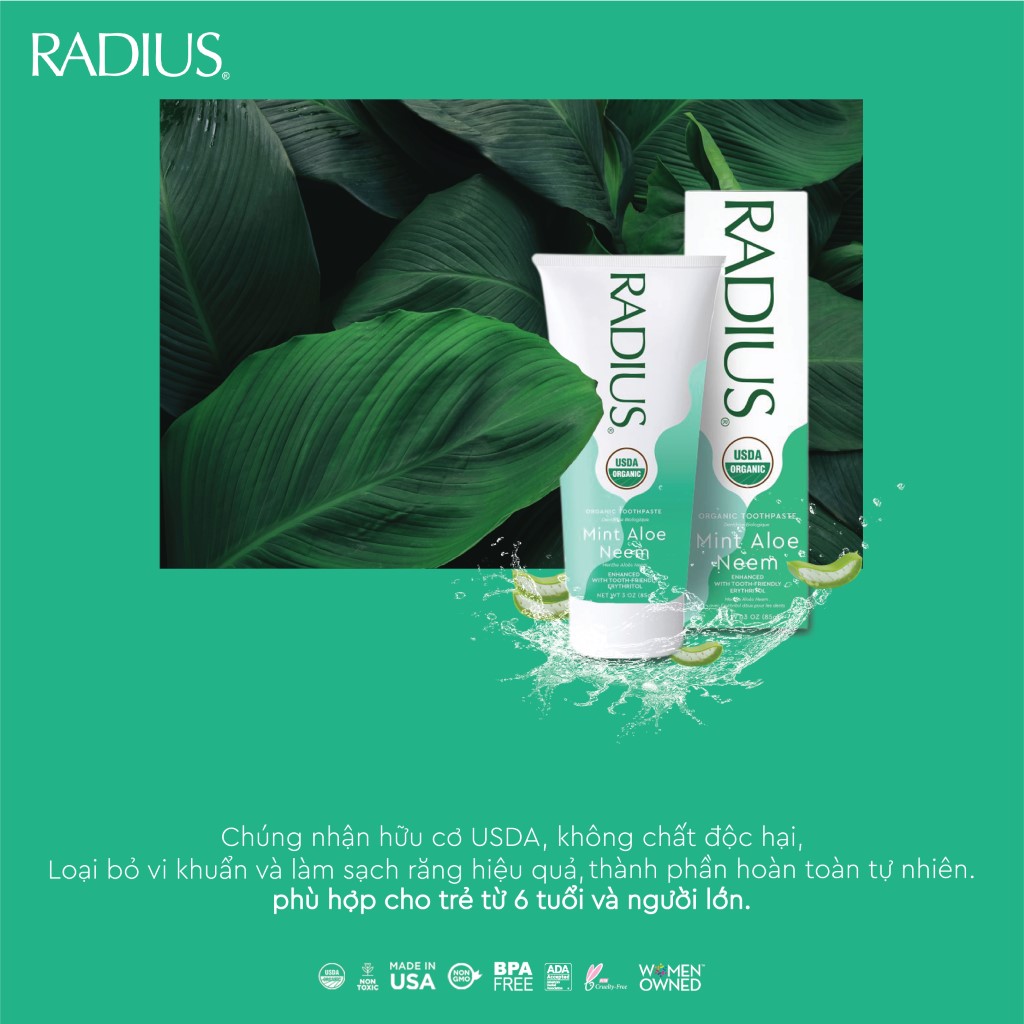 Kem Đánh Răng Hữu Cơ Vị Bạc Hà Lô Hội 85g Radius USDA Organic Mint Aloe Neem Toothpaste