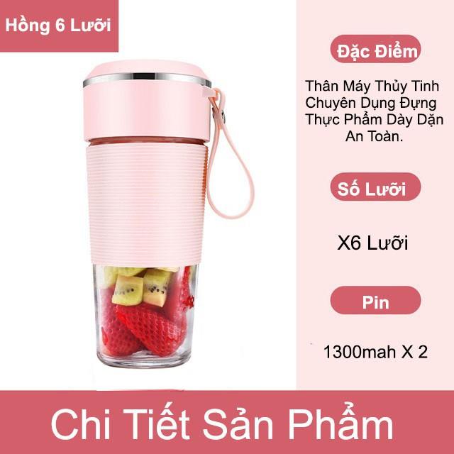 Máy Xay Sinh Tố Cầm Tay Mini Đa Năng Deliya Yoice Rekky Cốc Thủy Tinh 4 Và 6 Lưỡi 3000Mah Loại 1 Hàng Chính Hãng - Hồng - 6 Lưỡi