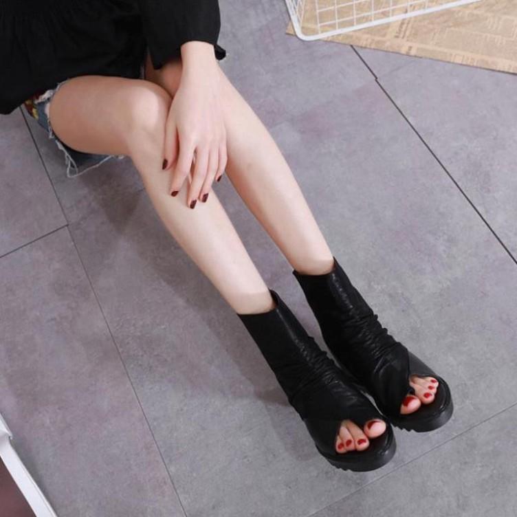 Boots Nữ, Giày Bốt Nữ Chiến Binh Xỏ Ngón Độn Đế Cao 3Cm Màu Đen Cao Cấp Siêu xinh (Kèm Clip) Minhtushoes Giày D