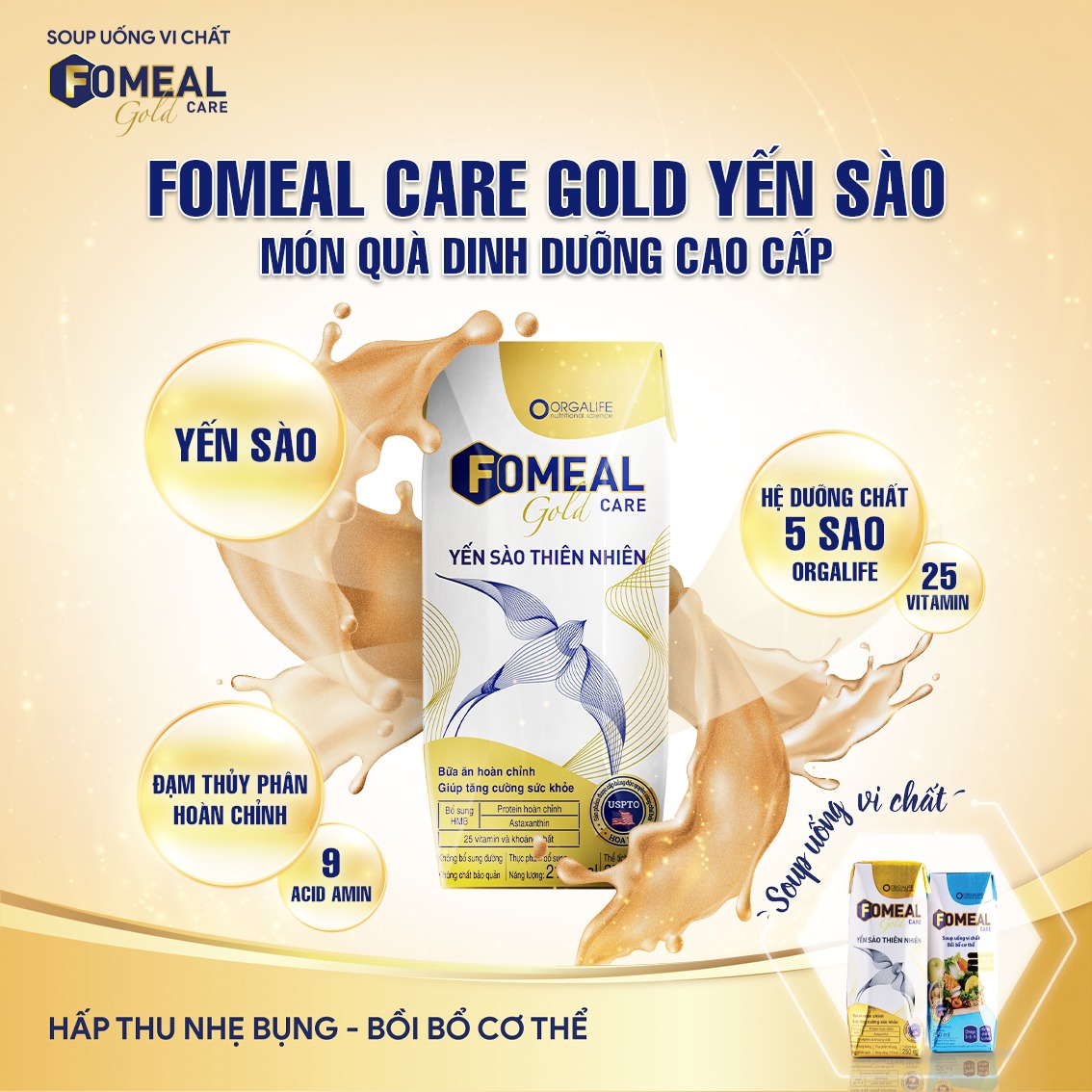 Thùng 30 hộp Fomeal Care Gold Yến Sào Thiên Nhiên 250ml/hộp - Súp uống tăng cường sức khỏe toàn diện, chắc khỏe xương