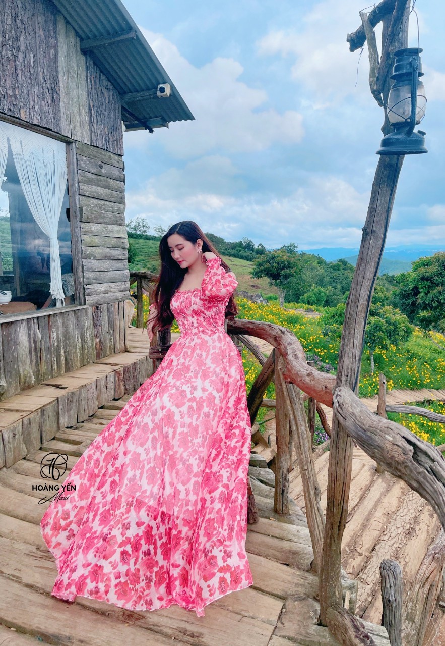 HOANGYEN Đầm maxi đi biển, du lịch dáng dài nhún ngực chất tơ hoa