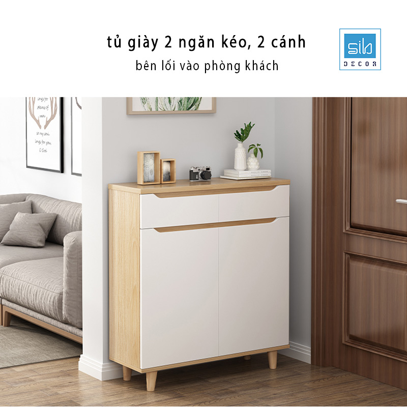 Tủ Gỗ Để Giày Thiết Kế Hiện Đại Chân Gỗ Tự Nhiên, Hệ Cánh Và Ngăn Kéo Tay Nắm Cách Điệu Thương Hiệu SIB Decor