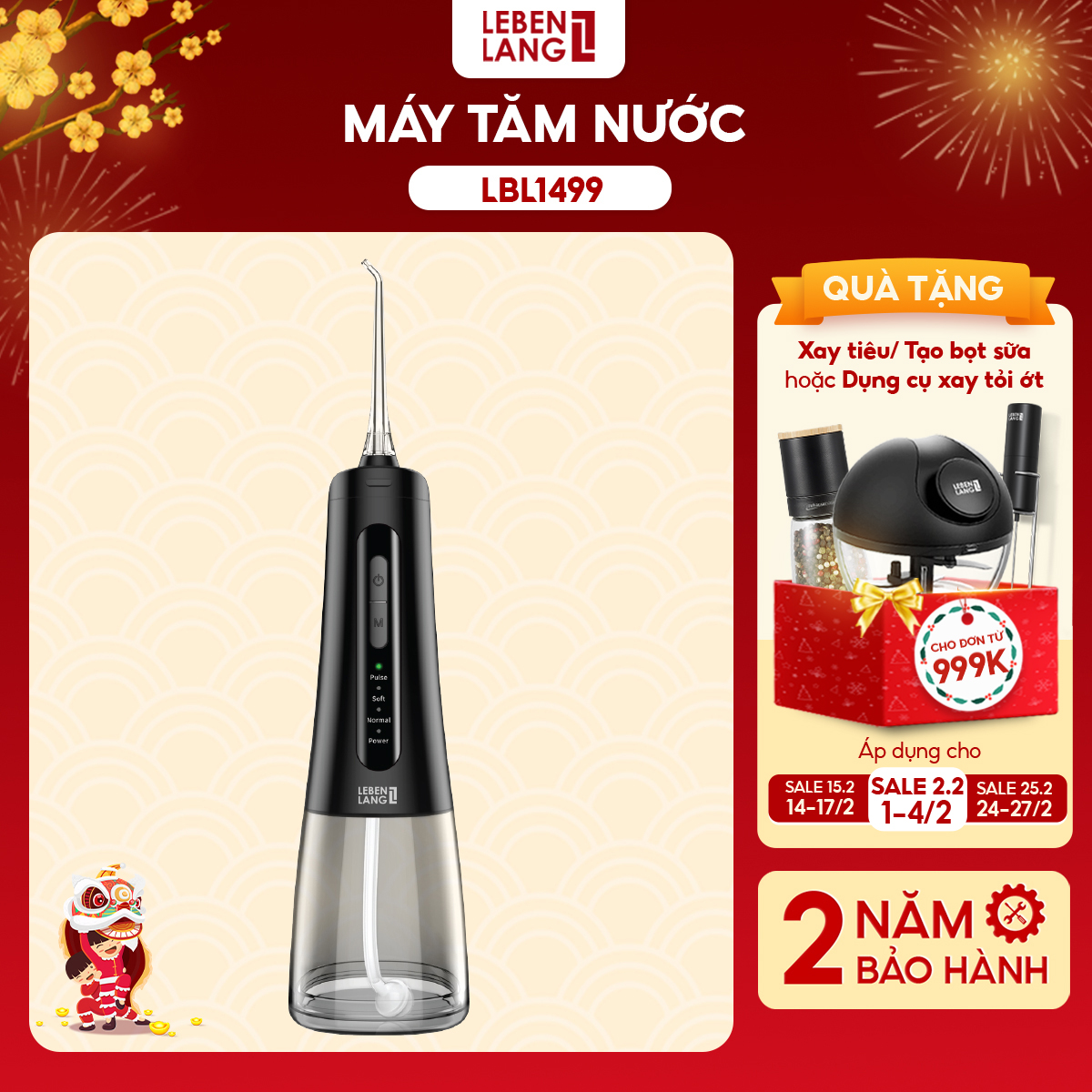 Máy tăm nước Lebenlang cầm tay LBT1499, IPX7 chống thấm nước 2000mah, 300ml, tích hợp pin, bảo hành 2 năm - chính hãng