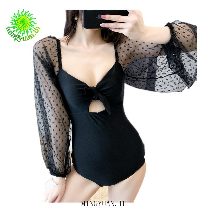 2020 one piece red black long sleeve mesh embroidered sexy backless bikini tie women swimsuit