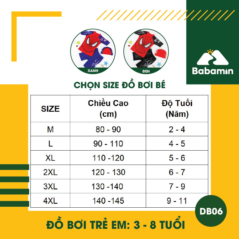 Đồ Bơi Trẻ Em Bé Trai 3 - 8 Tuổi - Babamin - Kèm Mũ - Họa Tiết Spider Main Ngộ Nghĩnh - DB06