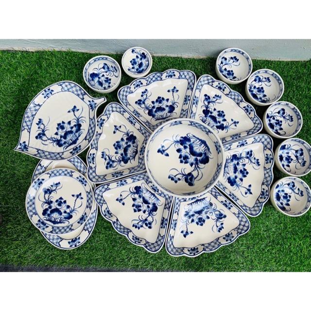 Bộ bát đĩa hoa mặt trời họa tiết Hoa Sen. Gốm sứ Bát Tràng.
