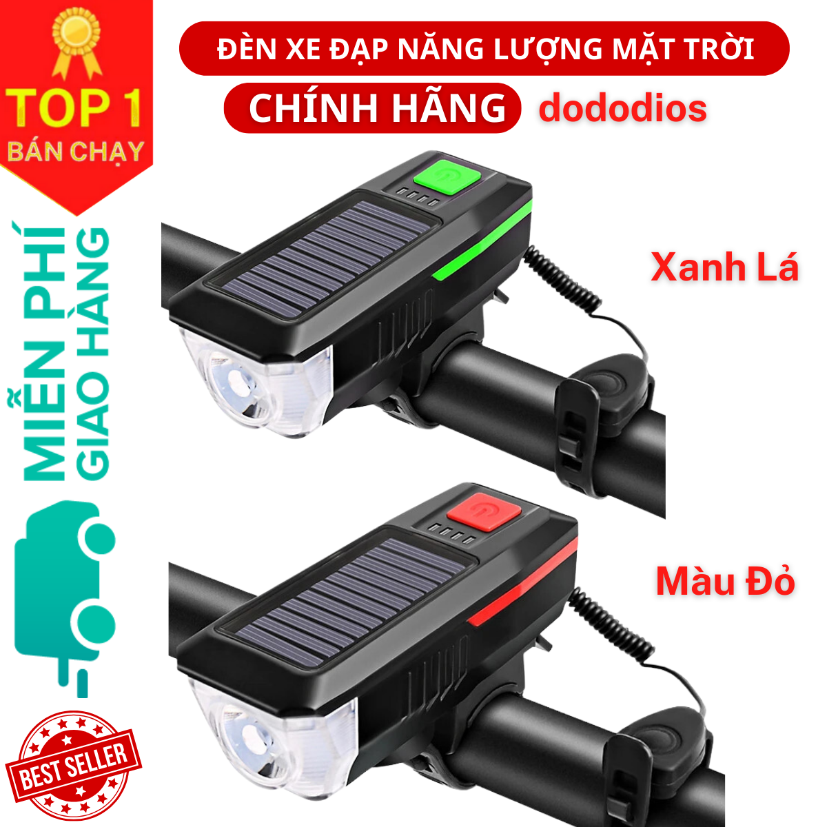 [TẶNG Dầu Tra Xích] Đèn xe đạp năng lượng mặt trời có còi chống nước 3 chế độ sáng - Hàng chính hãng dododios