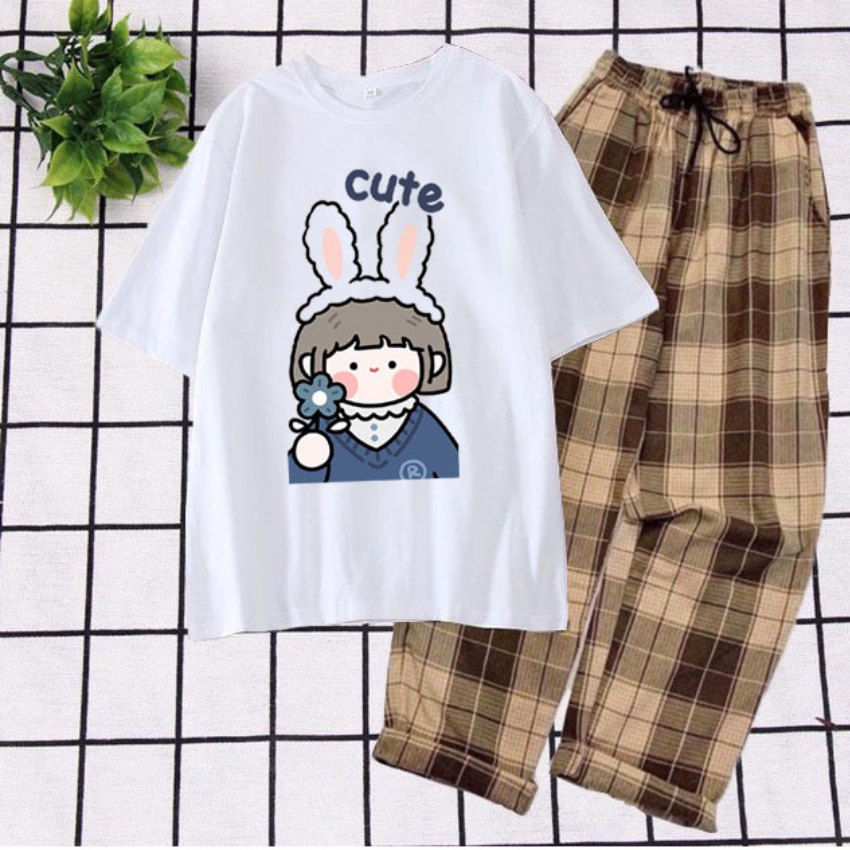 Sét Bộ Nữ SS17, Sét Đồ Nữ Đi Chơi Đẹp In Cô Gái Thỏ Dễ Thương,Sét Áo Vải Cotton, Hình In Sắc Nét Và Quần Kẻ Màu Cá Tính