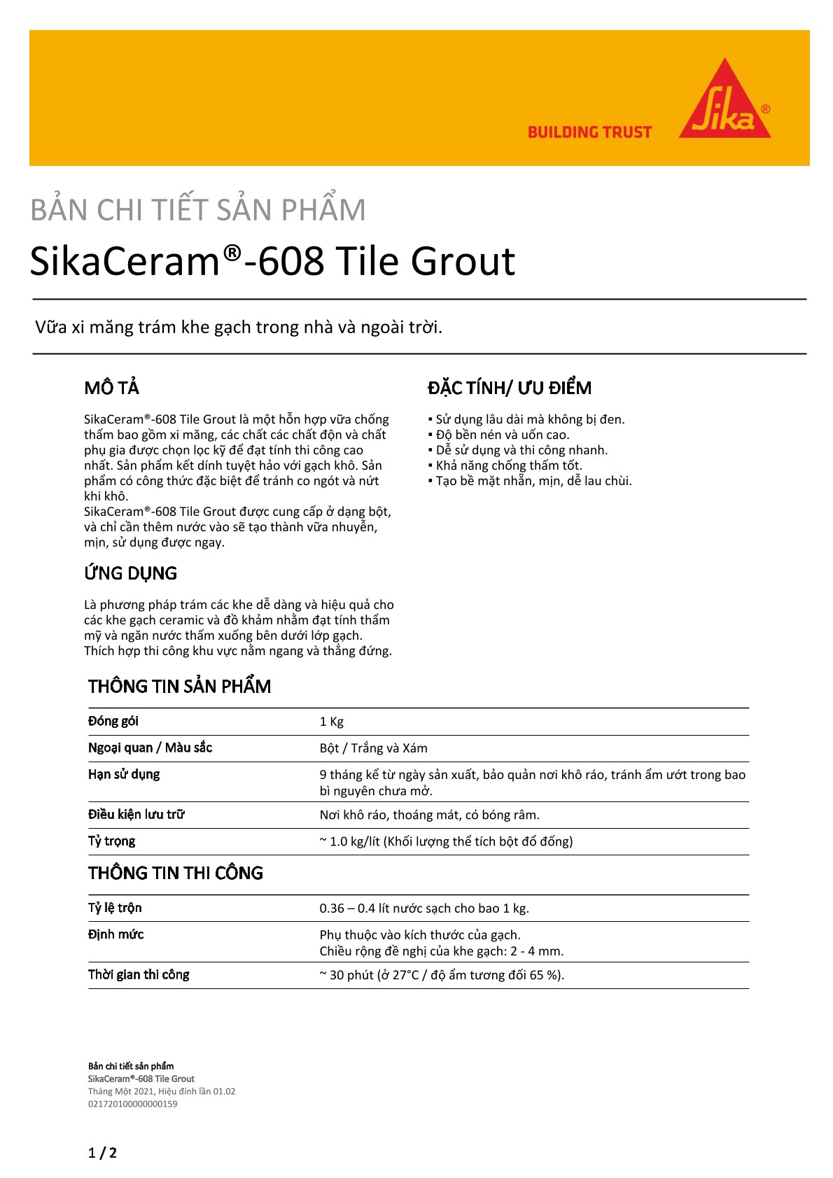 Keo chà ron SikaCeram 608 Tile Grout – Chống thấm tốt, dùng lâu ngày ít bám bẩn