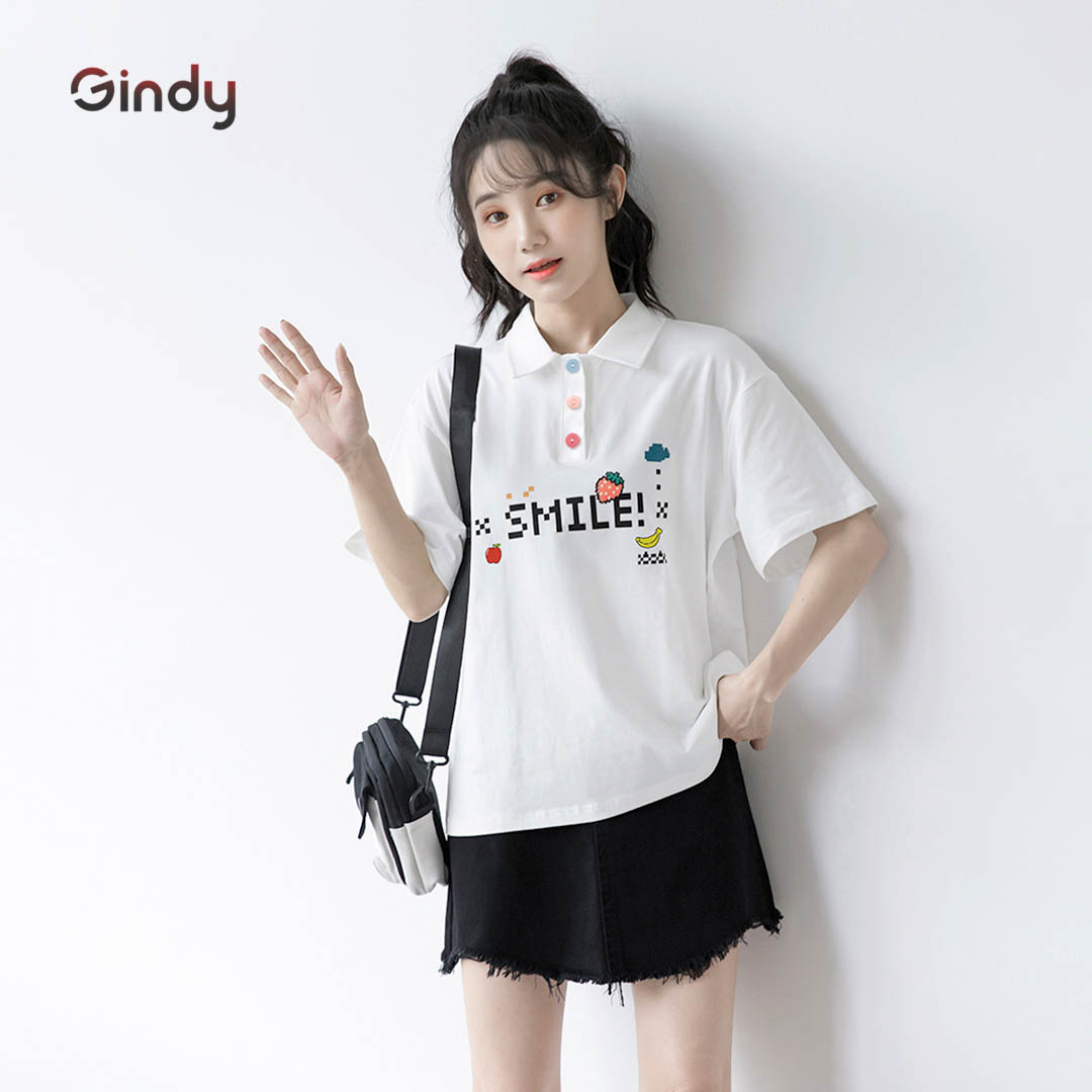 Áo thun phông nữ polo GINDY Smile cổ bẻ cotton tay lỡ phong cách unisex vải cotton thoáng mát A8108