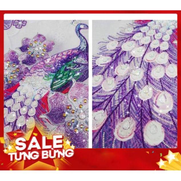 Tranh ĐÍNH ĐÁ Bộ 3 công và bình hoa tím VS500