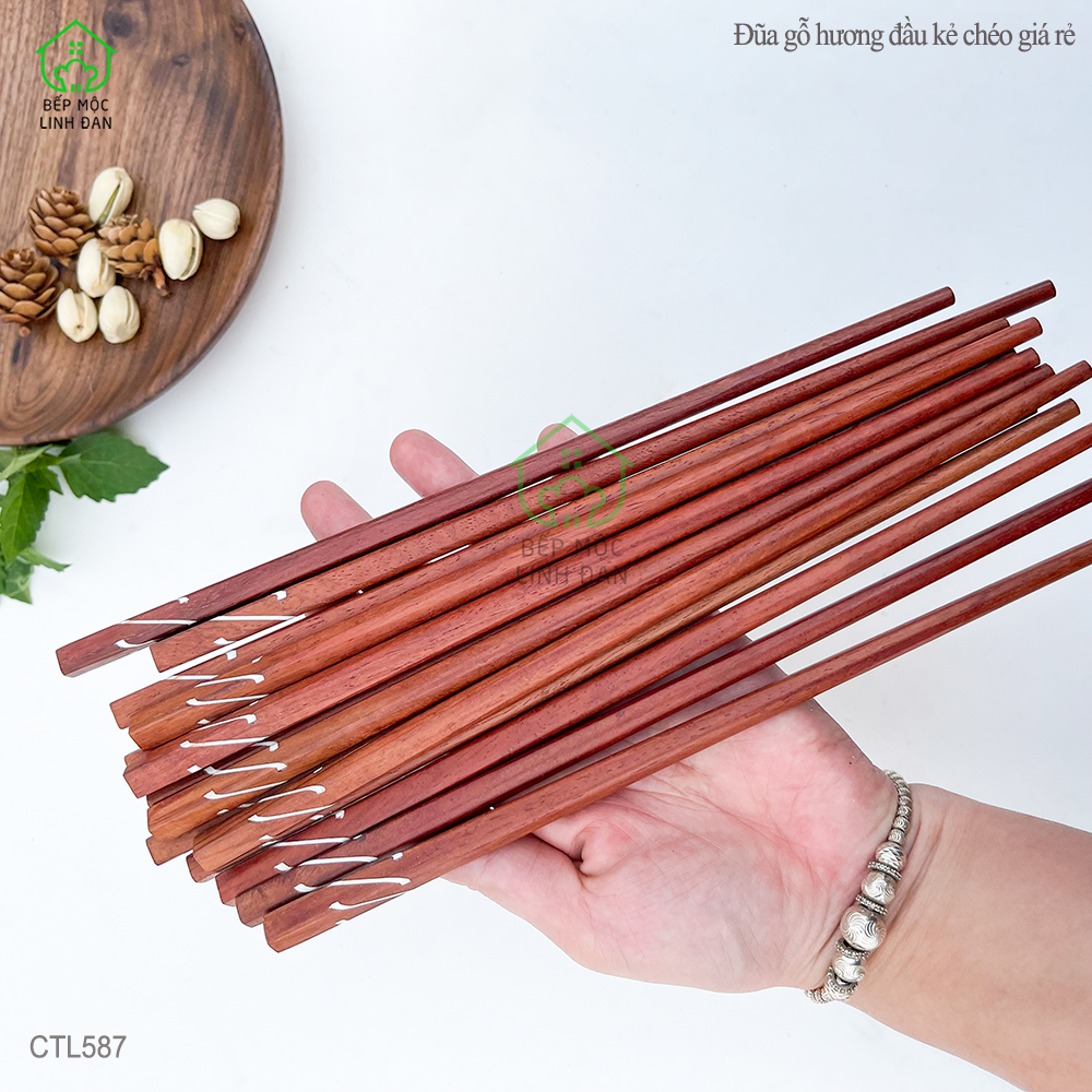 Đũa ăn cơm gỗ tự nhiên khảm chéo HAHANCO [CTL587] Bộ 10 đôi không hóa chất nhuộm tẩy