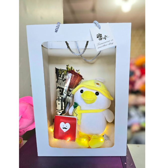 Set quà gấu bông và hoa kèm túi đựng cute - Combo gấu bông, hoa, đèn, túi, thiệp tặng sinh nhật - Quà tặng gấu bông dễ thương