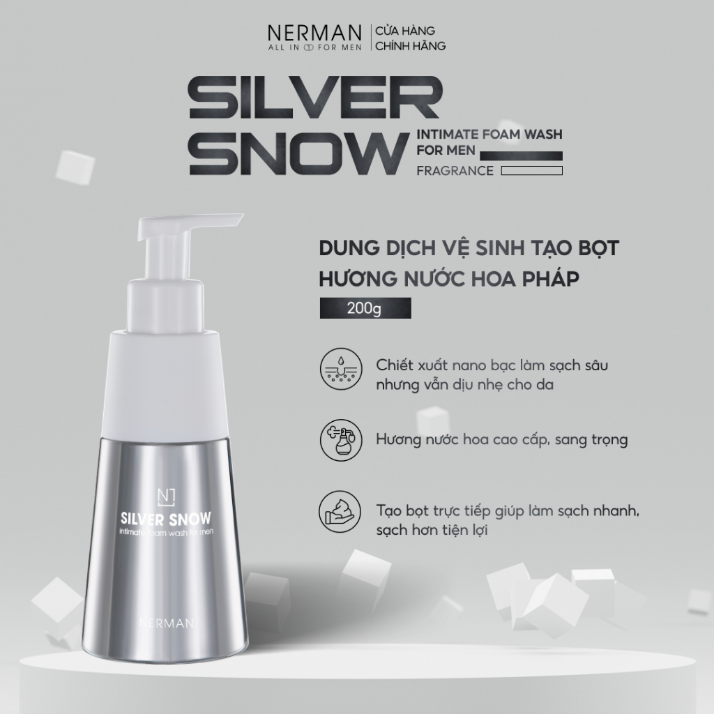 Dung dịch vệ sinh nam giới tạo bọt Nano bạc Nerman Silver Snow - Hương nước hoa cao cấp 200g