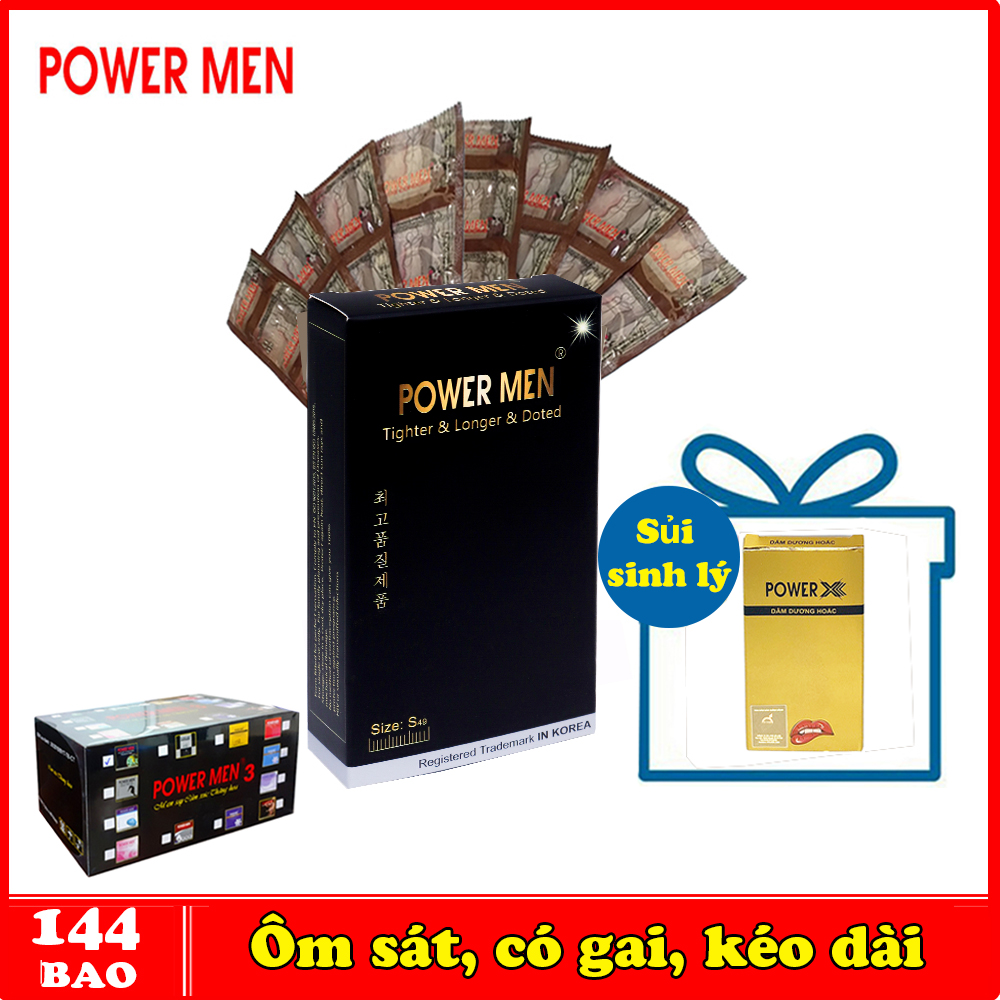 Bao cao su Power Men size nhỏ 49mm (hộp 144 cái) + TẶNG kèm Sủi sinh lý nam PowerX kéo dài thời gian- Bộ 144 BCS Powermen có Gai, ôm sát, Tăng khoái cảm, Kéo dài thời gian Chính Hãng 100%