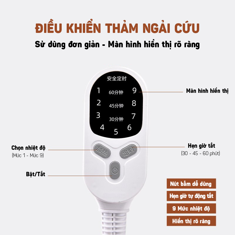 [HÀNG MỚI] Thảm Ngải Cứu, Đệm Sưởi Ruột Ngải Cứu Khô Chế Biến - 9 Mức Nhiệt Độ - 3 Mức Hẹn Giờ