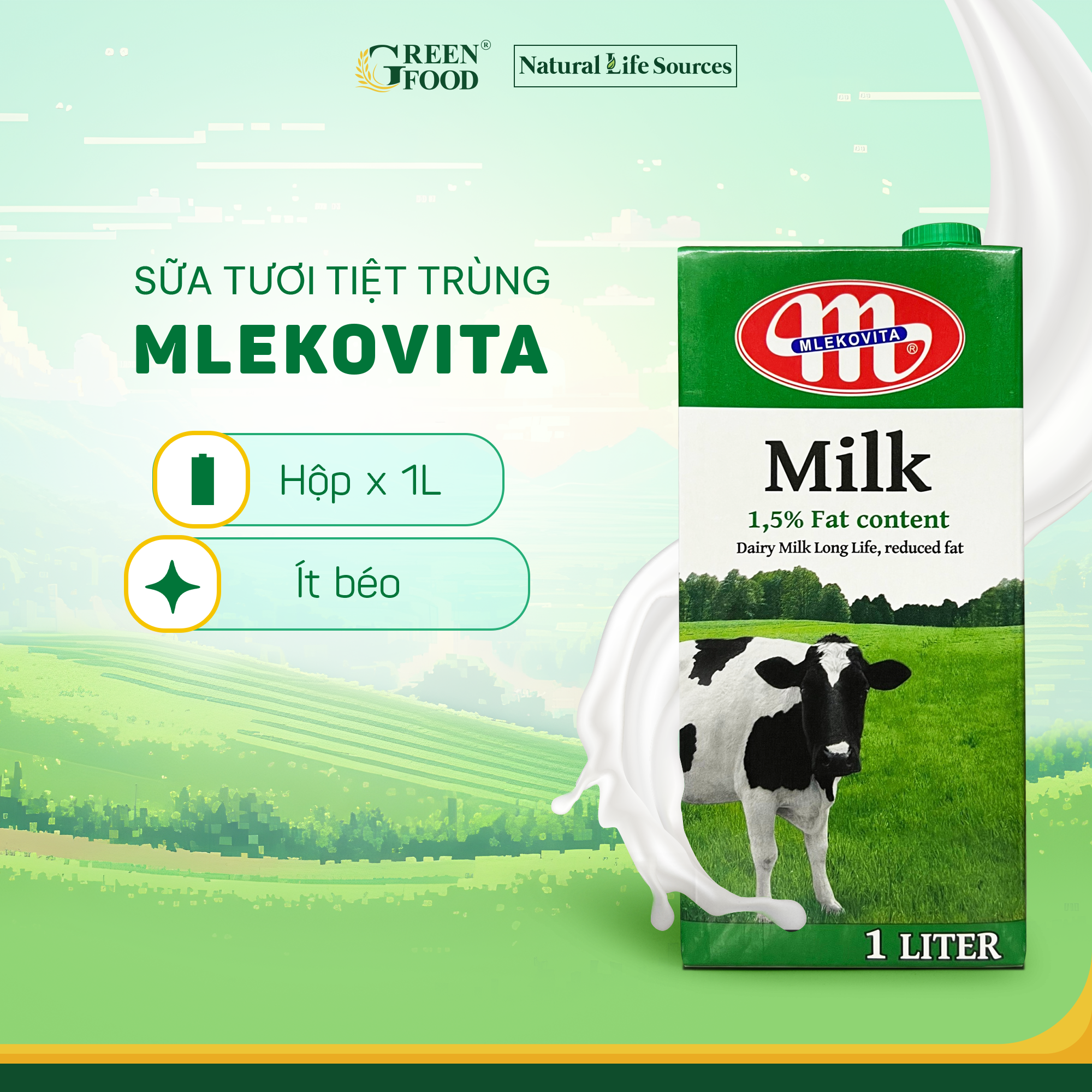 Thùng 12 Hộp Sữa Tươi Tiệt Trùng Mlekovita Ít Béo 1L-1.5% Béo, Không Đường, Phù hợp Ăn Kiêng, nhập khẩu từ Ba Lan