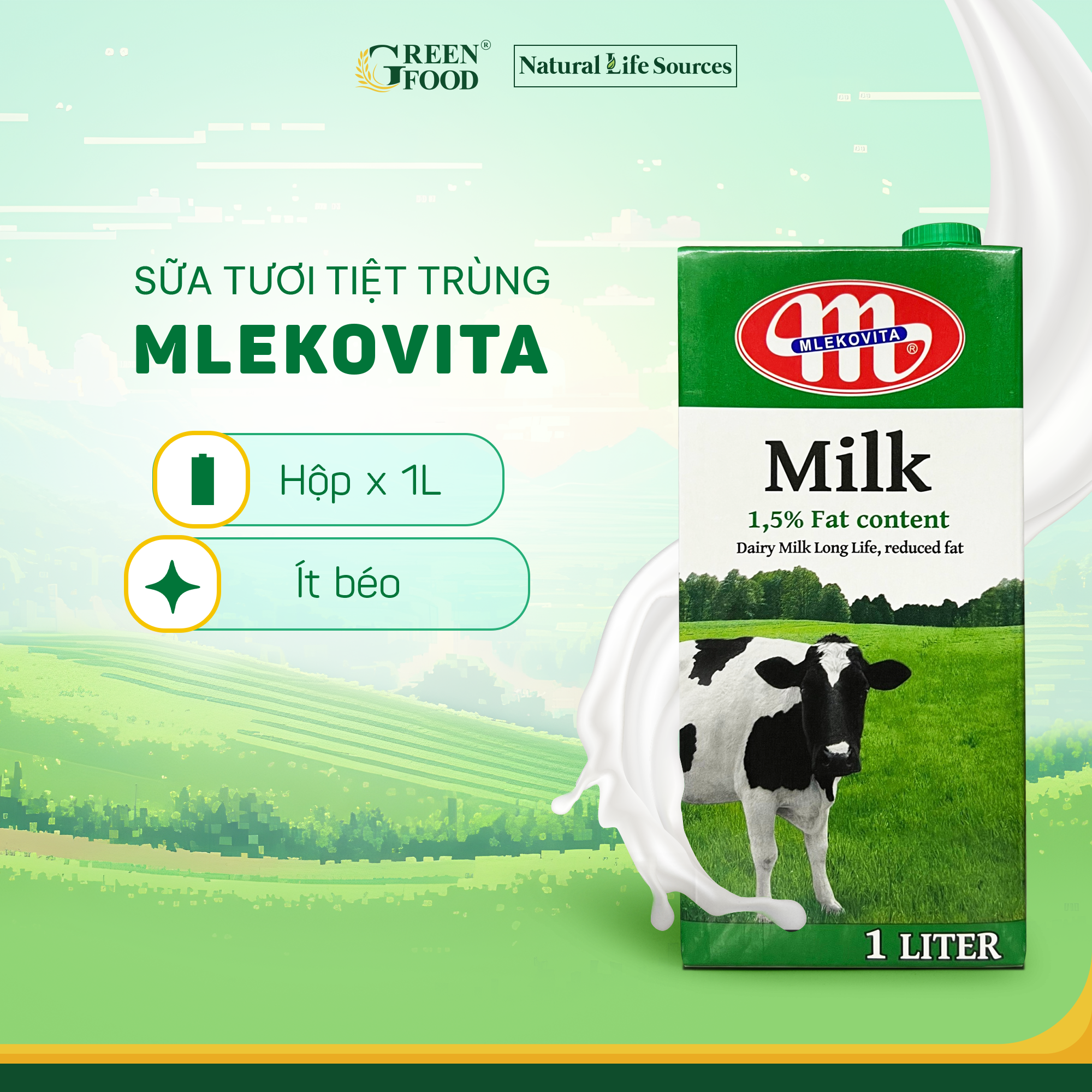 Combo 4 Hộp Sữa Tươi Tiệt Trùng Mlekovita Ít Béo 1L - 1.5% Béo, Hỗ Trợ Giảm Cân Ăn Kiêng, từ Ba Lan