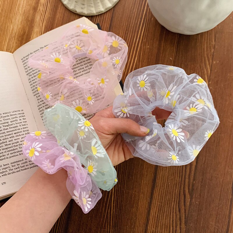 Dây chun buộc tóc vải Scrunchies Lưới Trong Họa Tiết Cúc Trắng Ngọt Ngào SC02