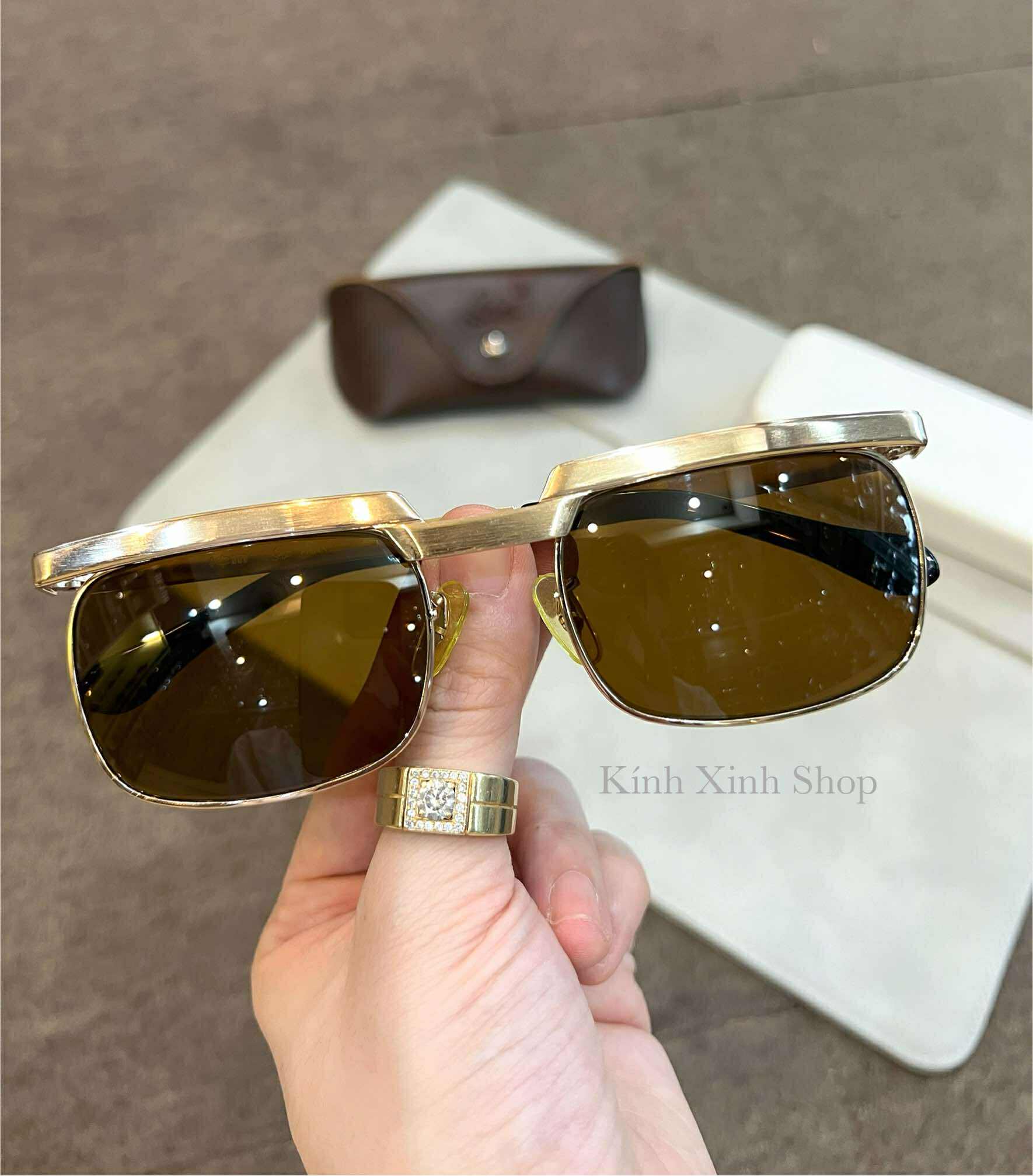Kính râm nam Solex Mắt thủy tinh cường lực chống vỡ gọng Titanium mạ vàng 14K