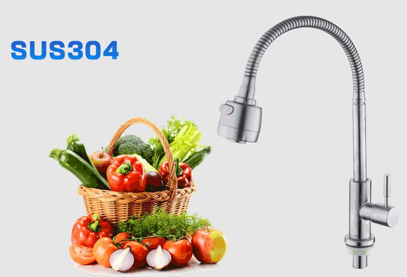 Vòi bếp chỉ lạnh cổ mềm SUS304 + dây cấp