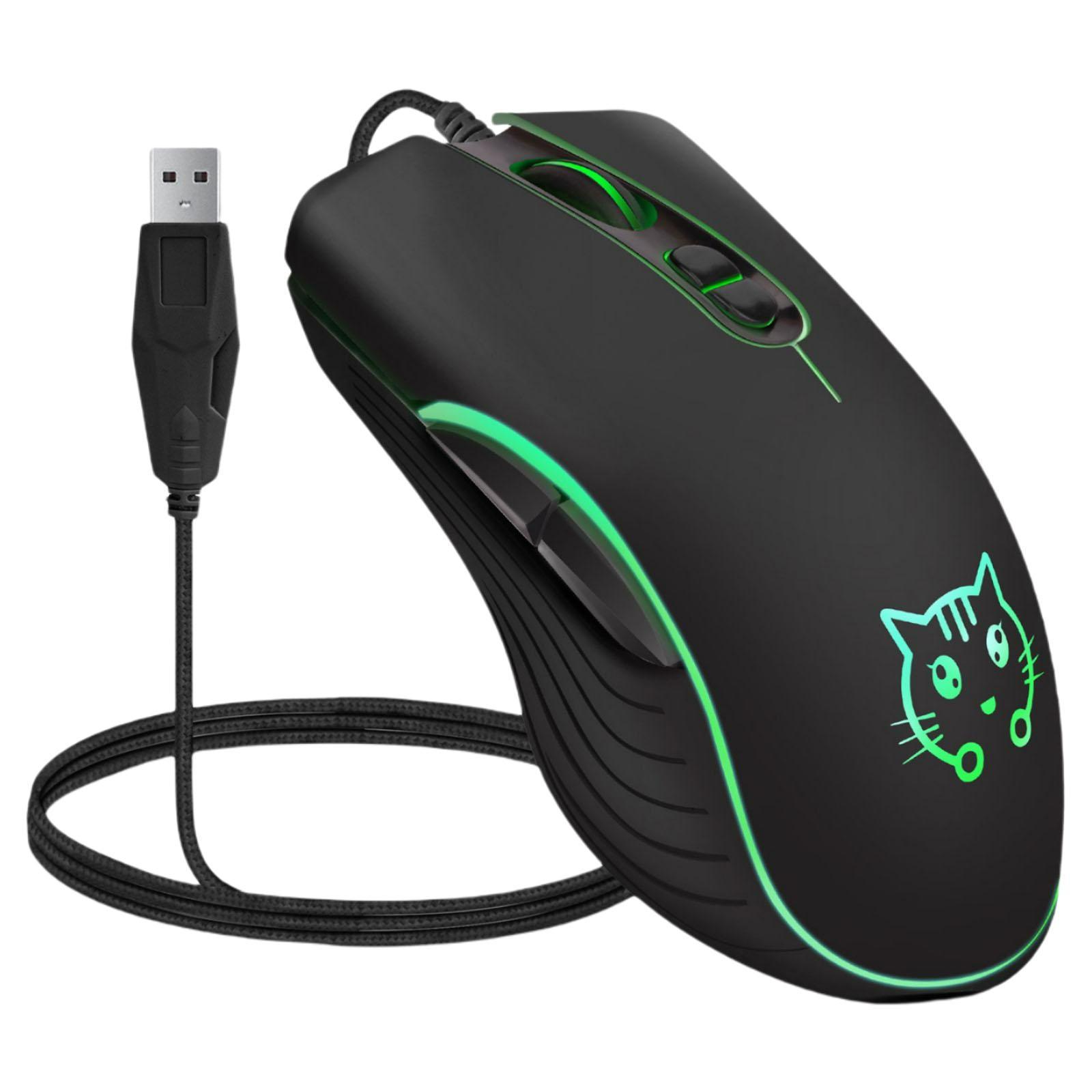 Ergonomic Wired USB Gaming Mouse 6-Button RGB Colorful Lights Mute Computer Mice for PC Laptops Desktop Gamers, 4 Adjustable DPI, Cat Pattern