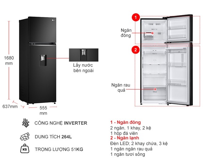 Tủ lạnh LG Inverter 264 Lít GV-D262BL - Hàng chính hãng