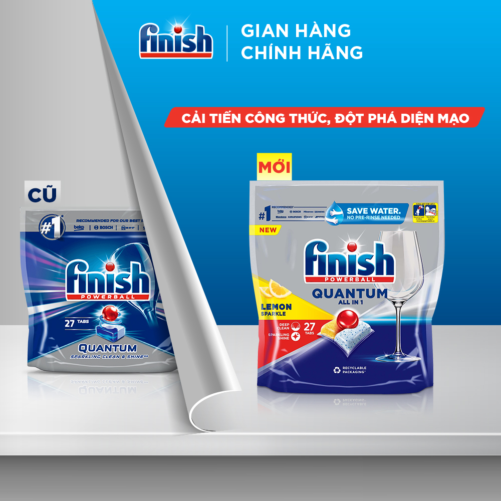 Combo Finish toàn diện: Bộ 3 túi viên rửa chén Quantum 27 viên + Nước làm bóng 500ml + Muối rửa chén bát 1kg