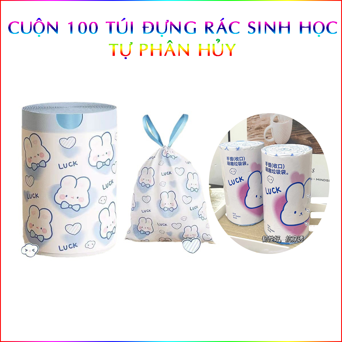 Cuộn 100 Túi Đựng Rác Sinh Học Siêu Dai Có Dây Rút Chống Rò Rỉ Nước