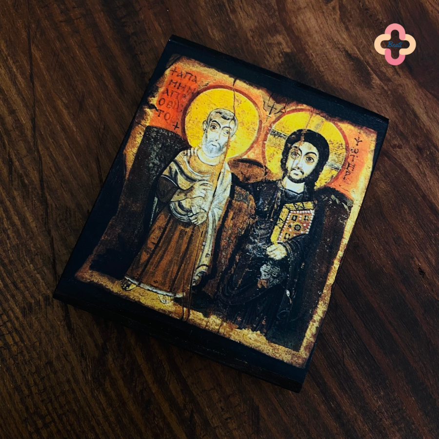 Tranh Gỗ Friendship Beati - Tranh Công Giáo Thủ Công Màu Rustic / Icon of Christ and Abbot Menas - Trung