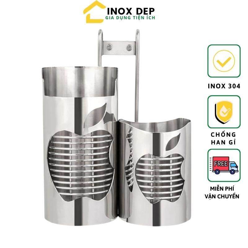 Ống đựng muỗng đũa inox 304(tròn táo), Dụng cụ đựng đũa 2 ngăn cao cấp chống han chống gỉ an toàn vệ sinh