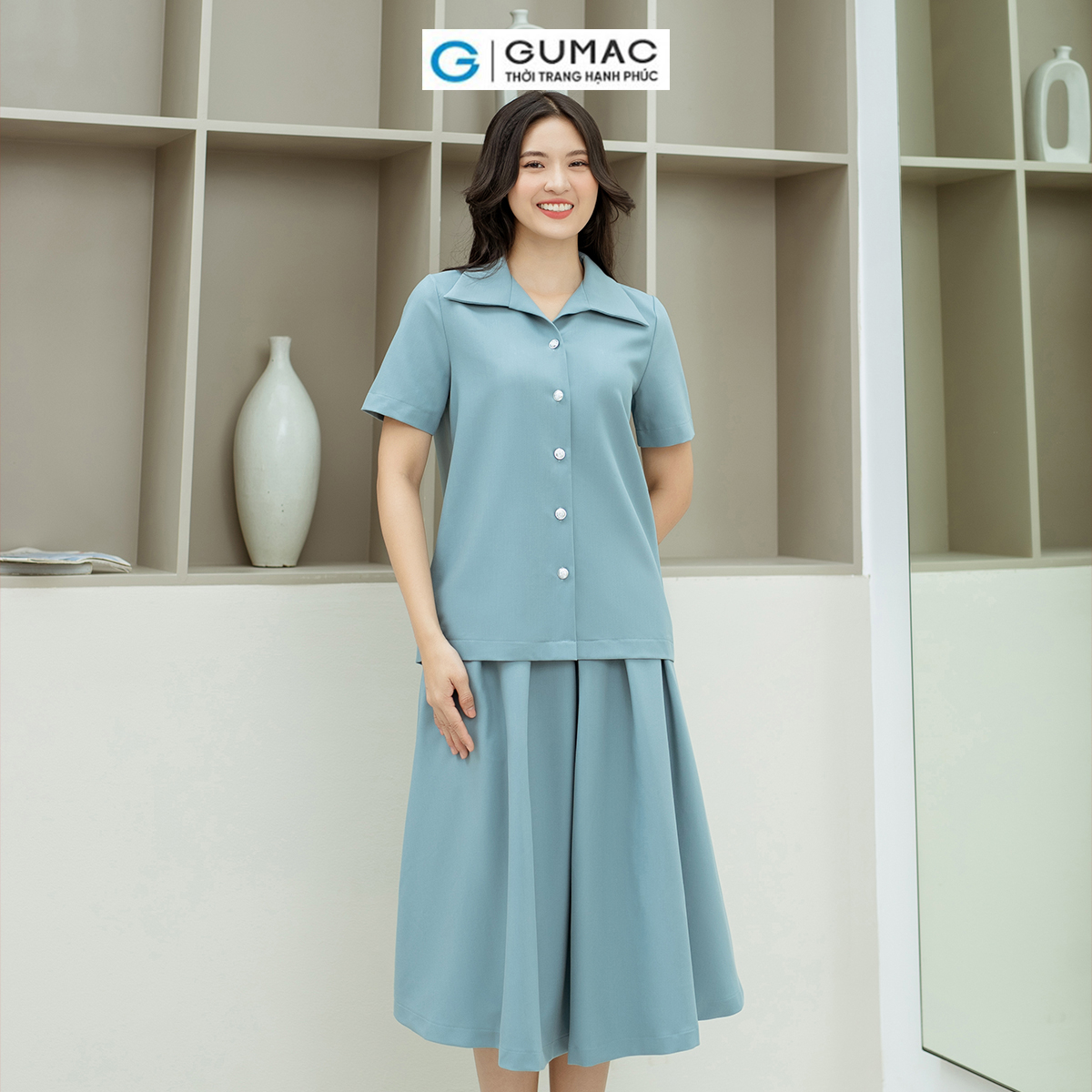 Set lẻ Áo kiểu tay ngắn GUMAC AD08028 - Chân váy A xếp ly GUMAC VD08037
