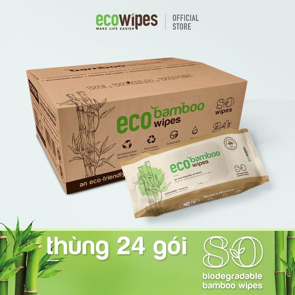 Thùng 24 gói khăn giấy ướt cao cấp EcoWipes Bamboo gói 80 tờ vải sợi tre sinh thái không mùi có thể phân hủy