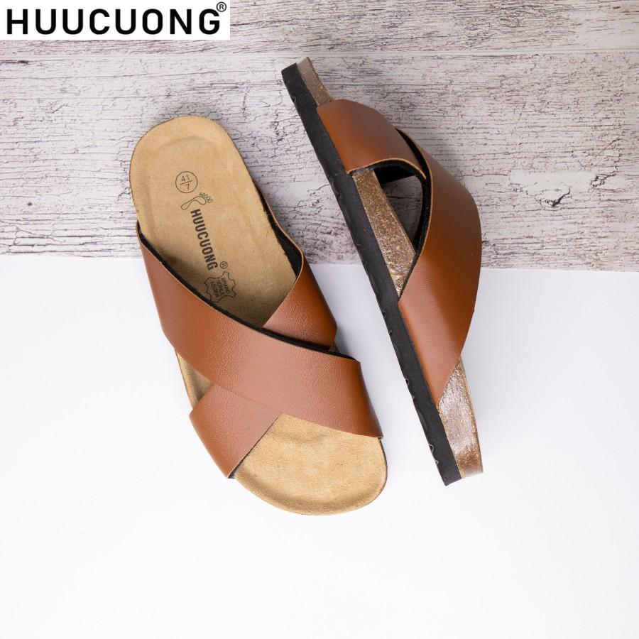 Dép unisex HuuCuong quai chéo pu nâu đế trấu