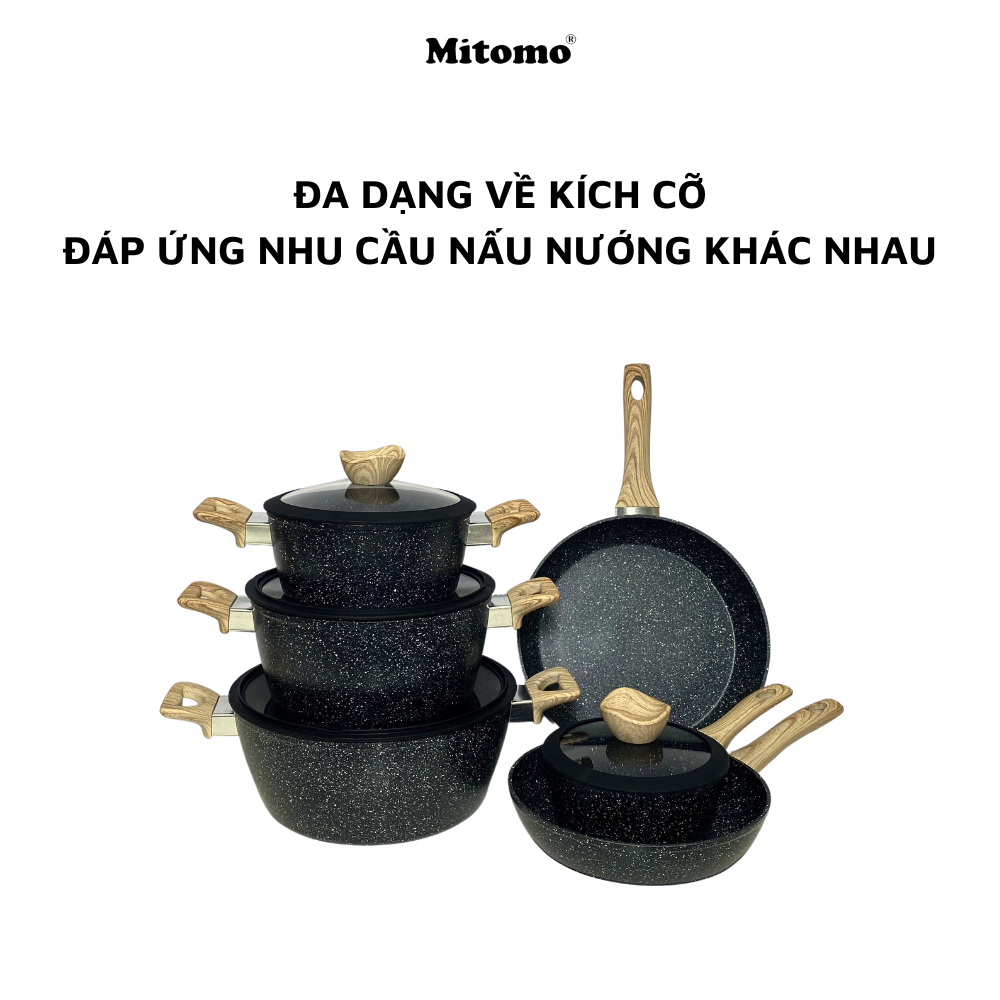 Bộ nồi chảo vân đá 6 món chống dính cao cấp Mitomo Queen Time, dùng cho bếp từ, bếp ga - Hàng chính hãng