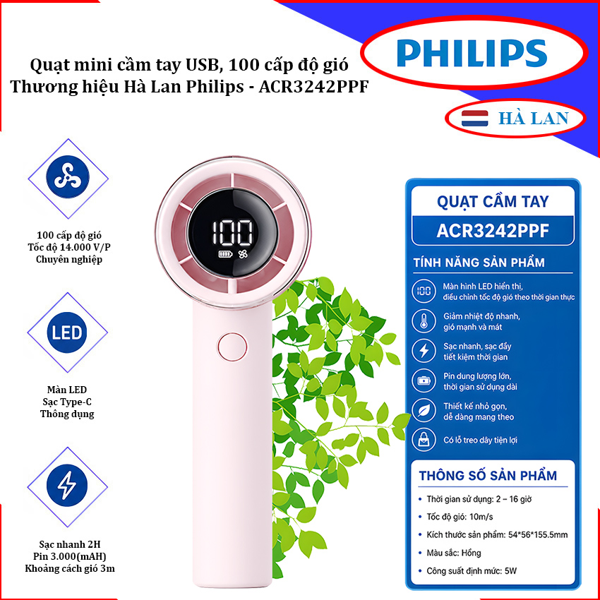 Quạt Mini Cầm Tay Philips USB ACR3242PPF 100 Cấp Độ Gió Pin Sạc 3000mAh Chính Hãng Hà Lan. HÀNG CHÍNH HÃNG