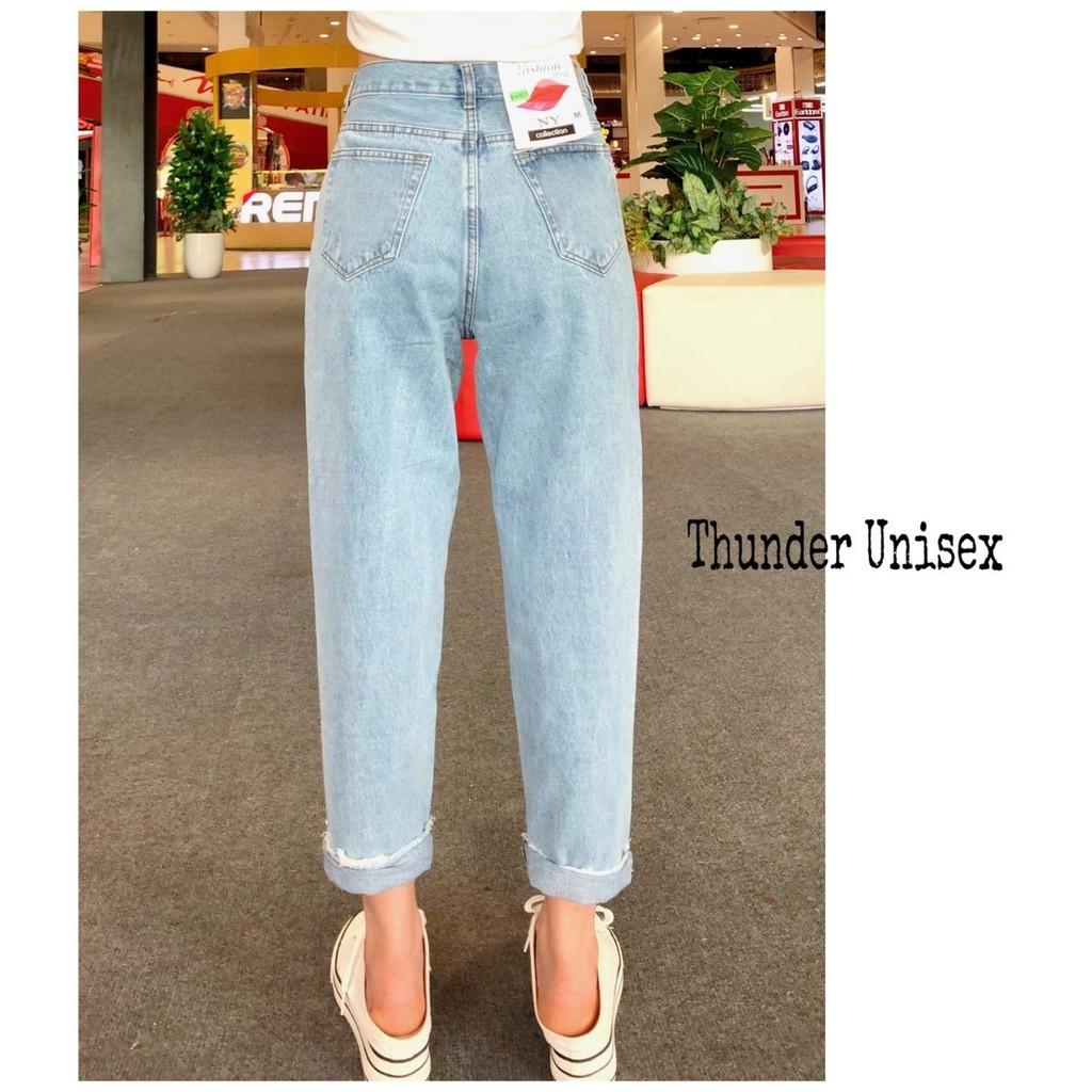 Quần Jean Nữ Dáng Baggy Thunder Unisex Cạp Lưng Cao Trơn, Ống Xuông, Rộng, Ulzzang Hàn Quốc, Co giãn