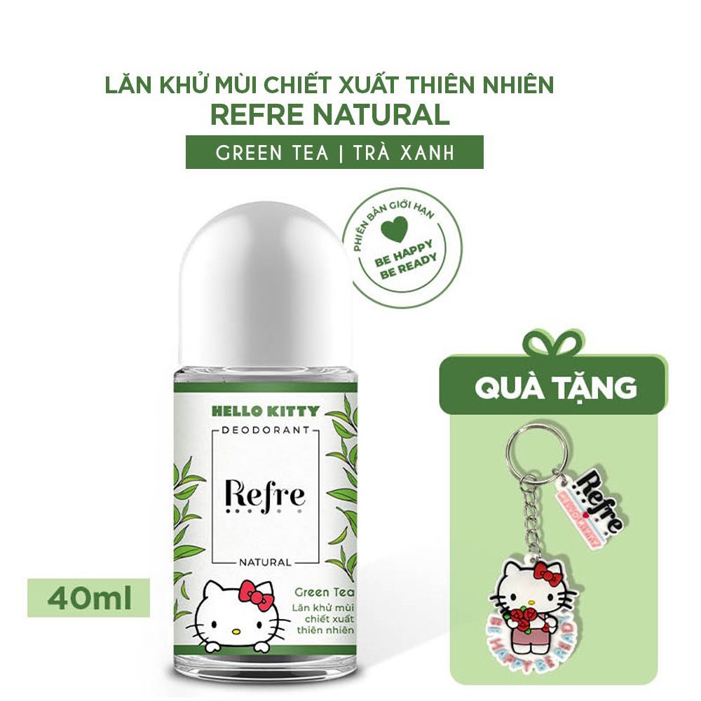 Lăn khử mùi Refre Natural Green Tea Hương Trà Xanh 40ml (Phiên bản Hello Kitty giới hạn) + Tặng móc khóa Hello Kitty xinh xắn