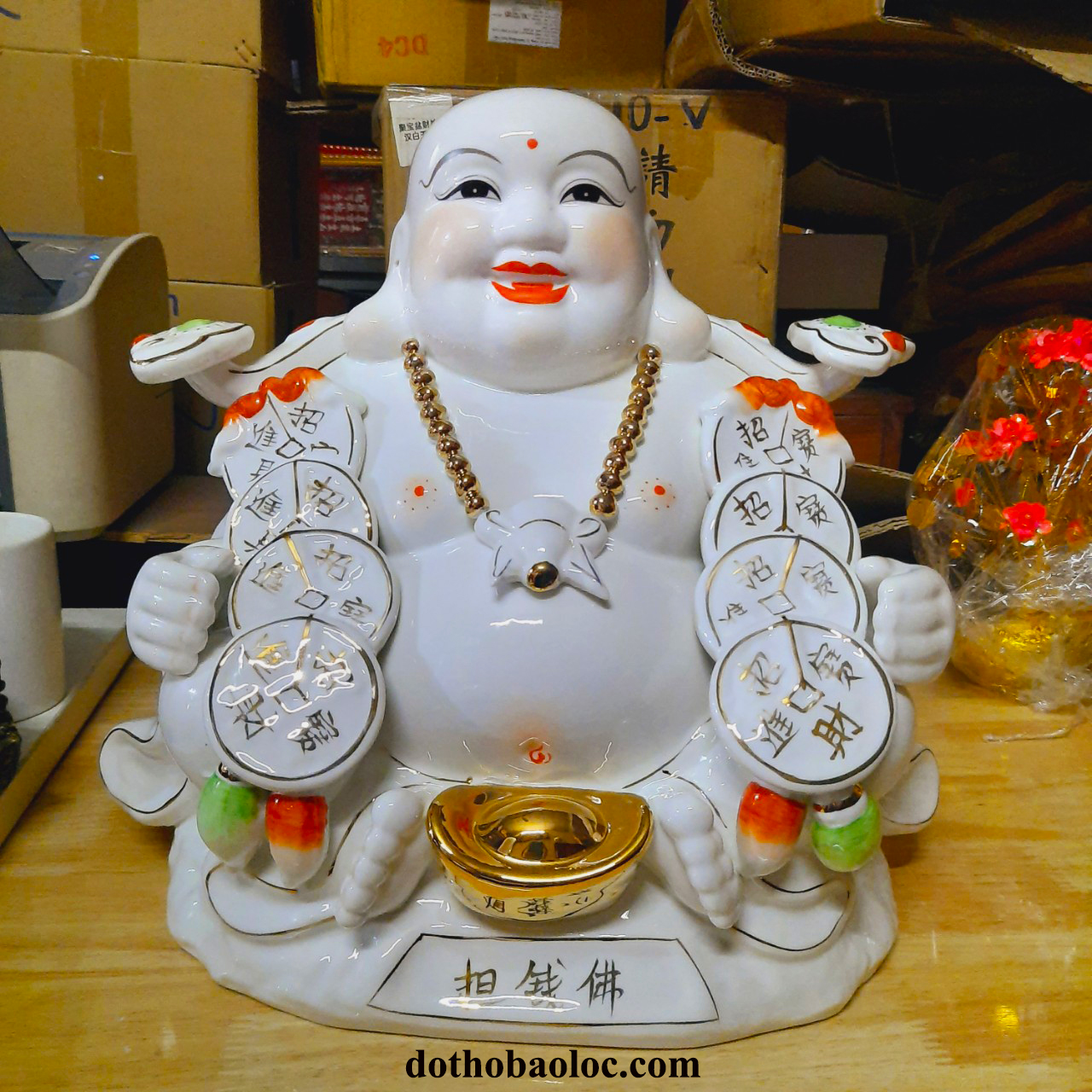 Tượng phật di lặc vác đồng t.iền bằng sứ cao 37cm