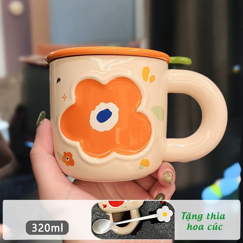Cốc Sứ Hoa Cúc Có Nắp Tặng Kèm Thìa Bông Hoa Thích Hợp Cafe Văn Phòng, Tặng Quà