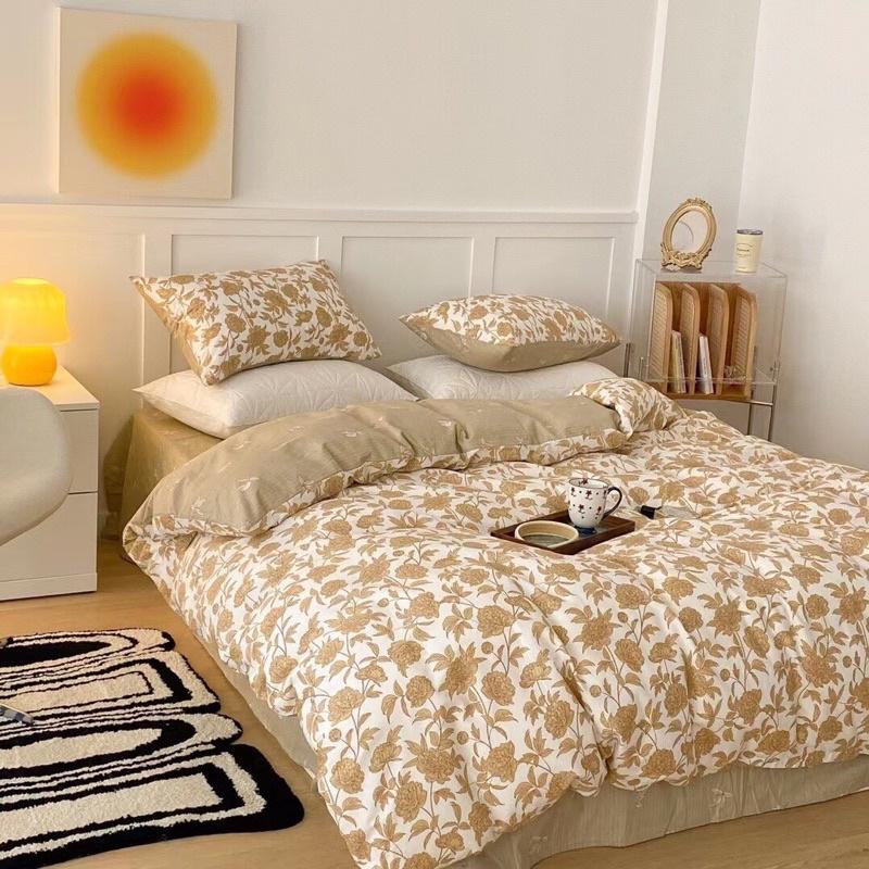 Bộ Chăn Ga Gối Cotton living 100%cotton Hàng Nhập Khẩu Cao Cấp 4 Món Hoa Hồng Vintage