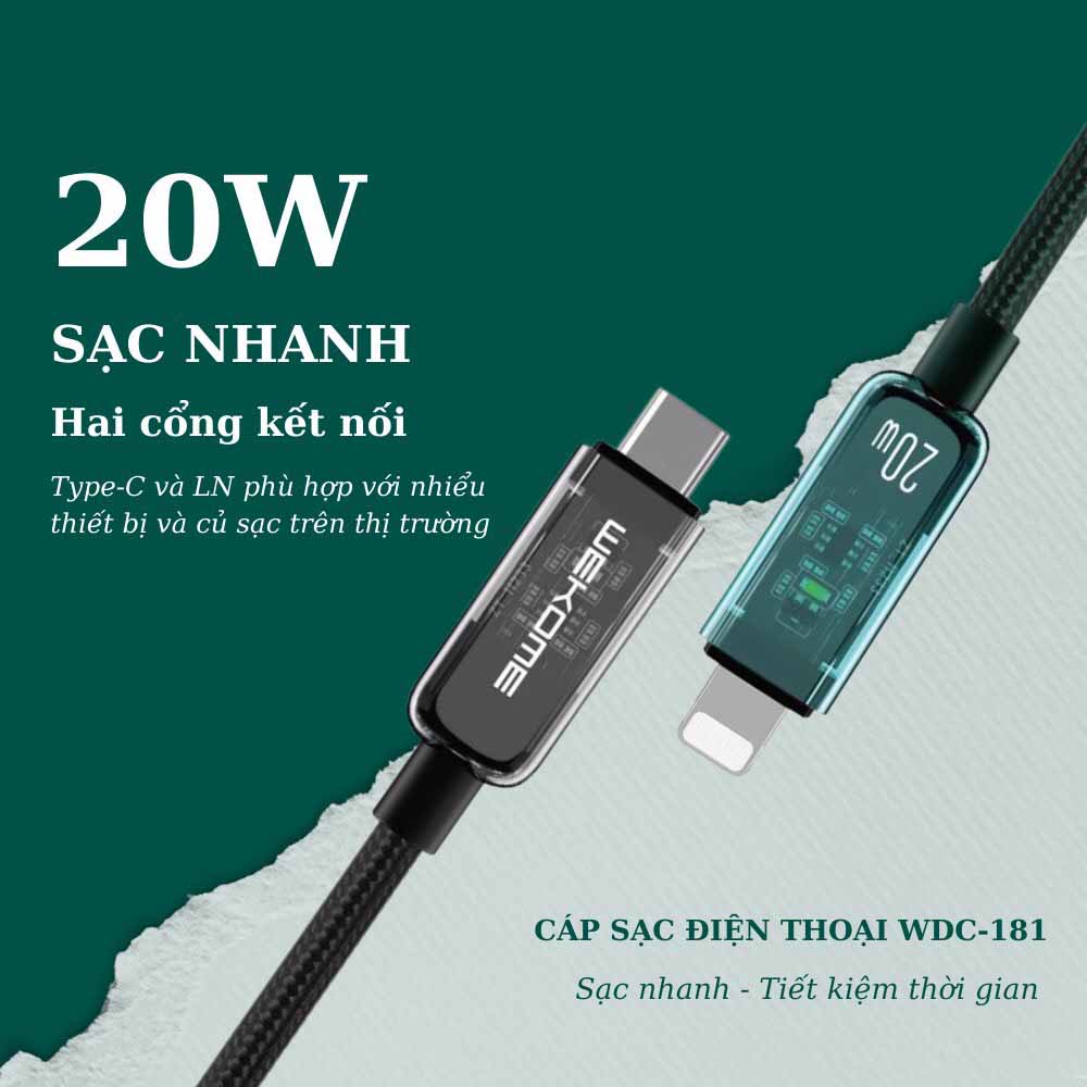 Cáp Sạc Nhanh PD20W Cổng Type-C Sang IP Wdc-181 Dây Dài 1M