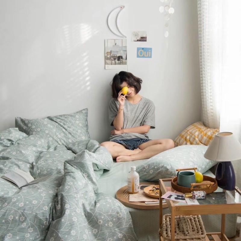 Set Chăn Ga Gối Cotton Living Hàng nhập khẩu Cao Cấp 4 Món Vintage Hoa Nhí Xanh