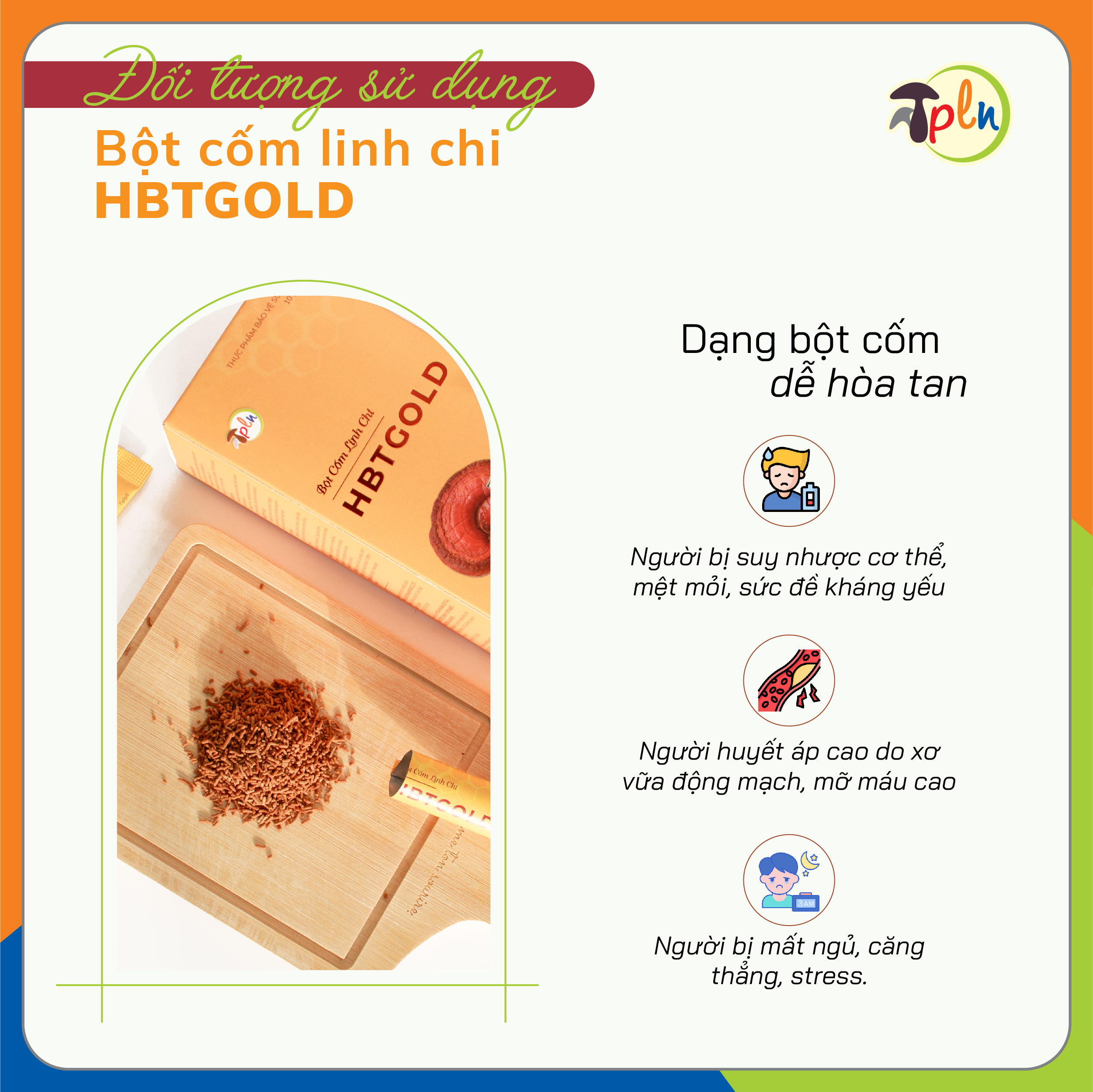 Bột Cốm Linh Chi HBTGOLD - Hộp 30 gói - Giúp giảm stress, ngủ ngon, nâng cao sức đề kháng, giúp giảm Cholesterol máu...