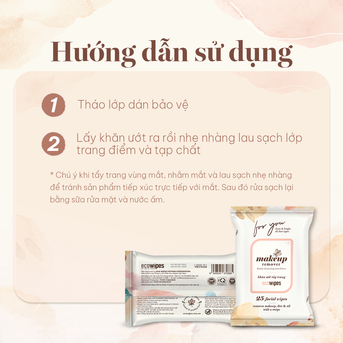 Khăn giấy ướt tẩy trang Makeup Remover Ecowipes gói 25 tờ làm sạch lớp trang điểm nhanh chóng