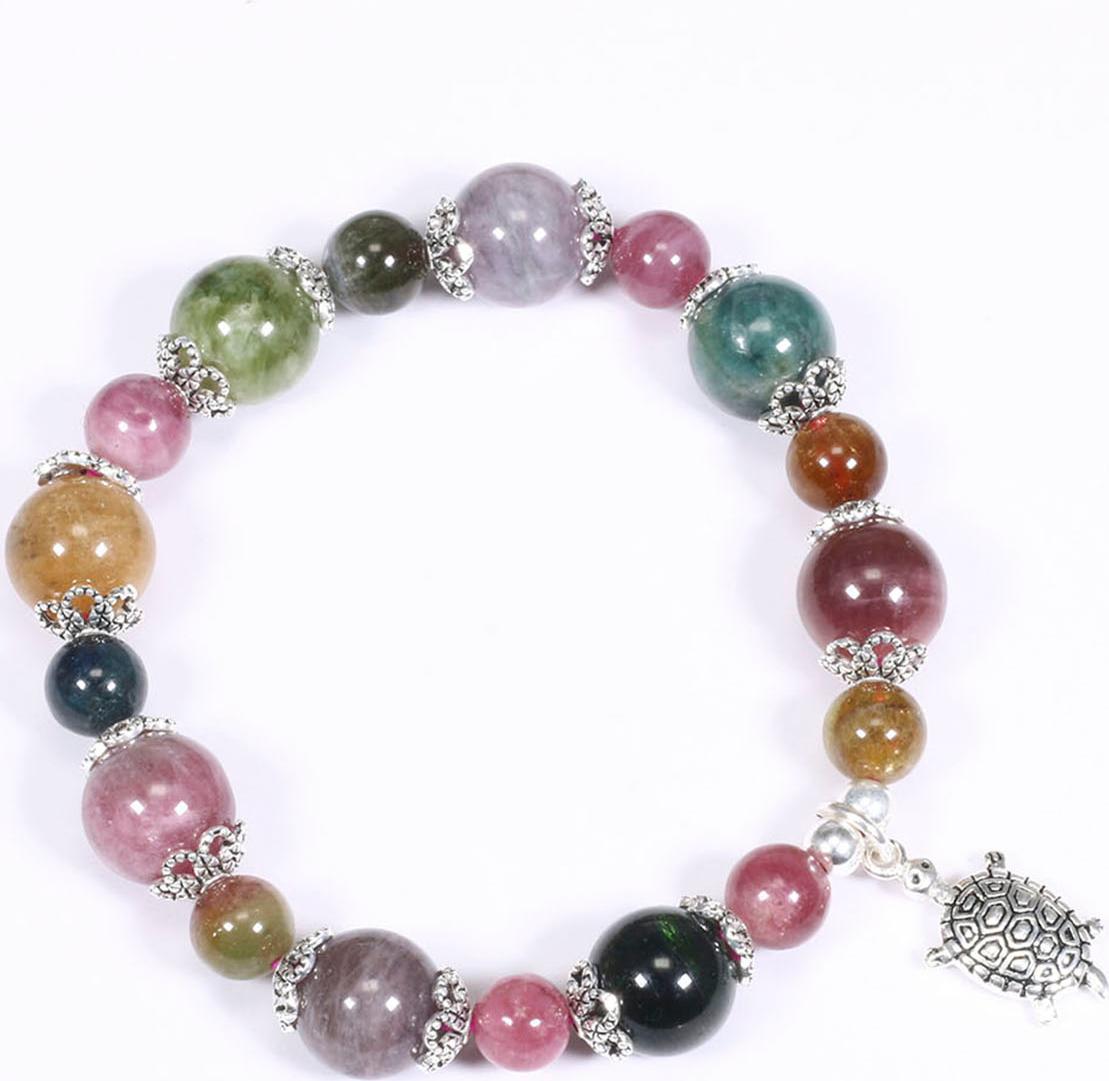 Vòng tay đá tourmaline đa sắc mix charm rùa bạc hạt đá 10mm - Ngọc Quý Gemstones
