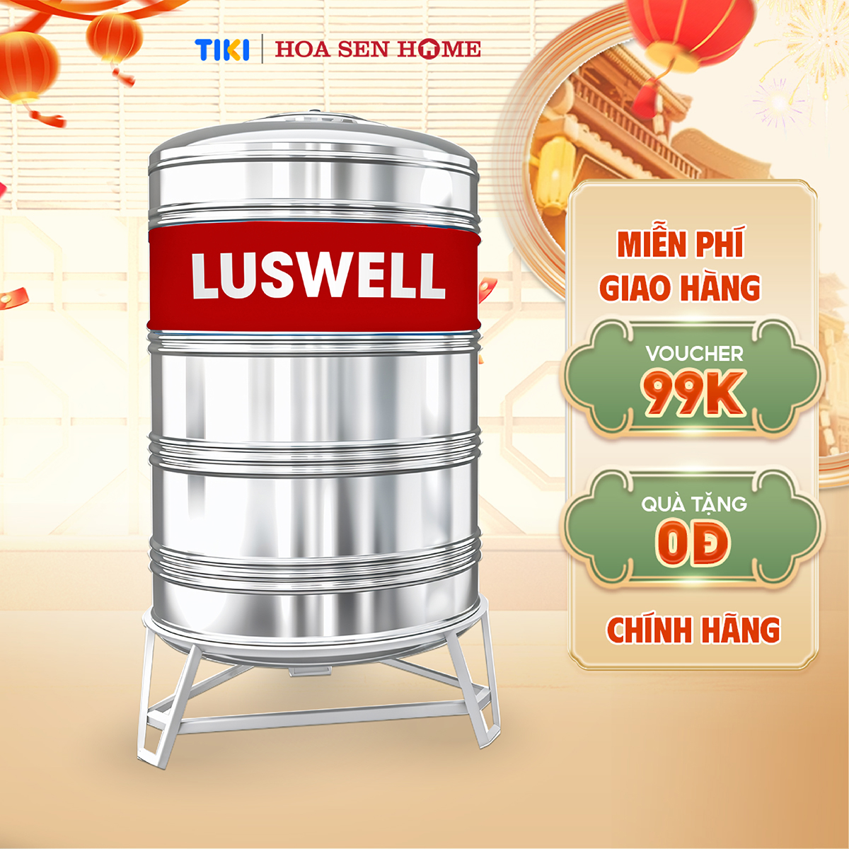 Bộ bồn nước INOX LUSWELL VNDAI đứng dung tích 4000-5000L, chất liệu Inox SUS 304 bền bỉ, công nghệ ghép mí chống rò rỉ - Hoa Sen Home - Hàng chính hãng - MIỄN PHÍ VẬN CHUYỂN