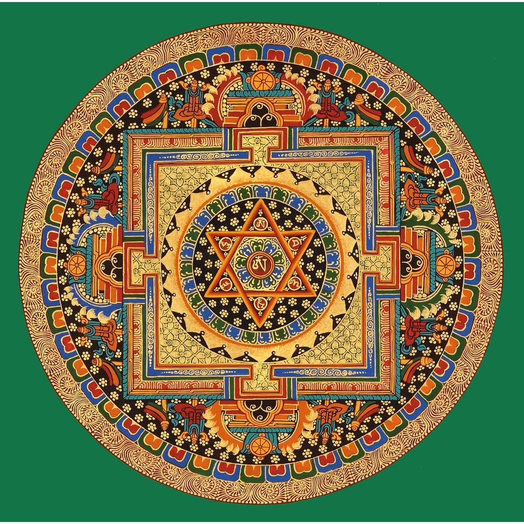 Tranh tô viền thần chú sáu ký tự thangka sơn vàng, bánh xe thần chú mandala 50cm